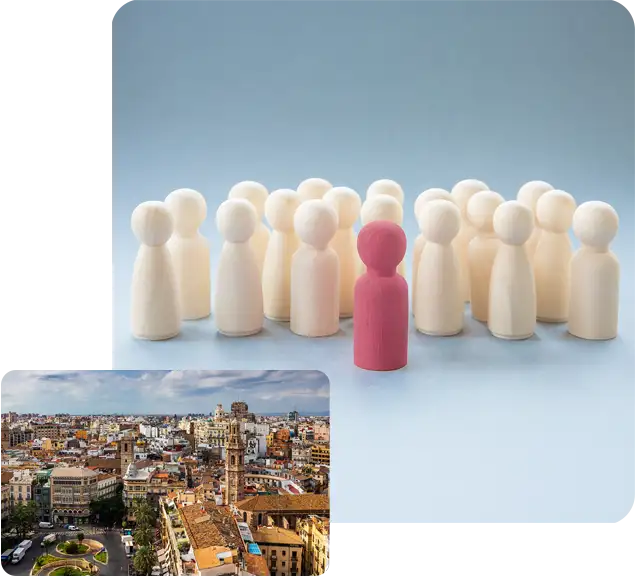 Politica-imagenwebp Metáfora visual de liderazgo en Valencia: una figura rosa destaca entre la multitud, representando la diferenciación en la consultoría política.